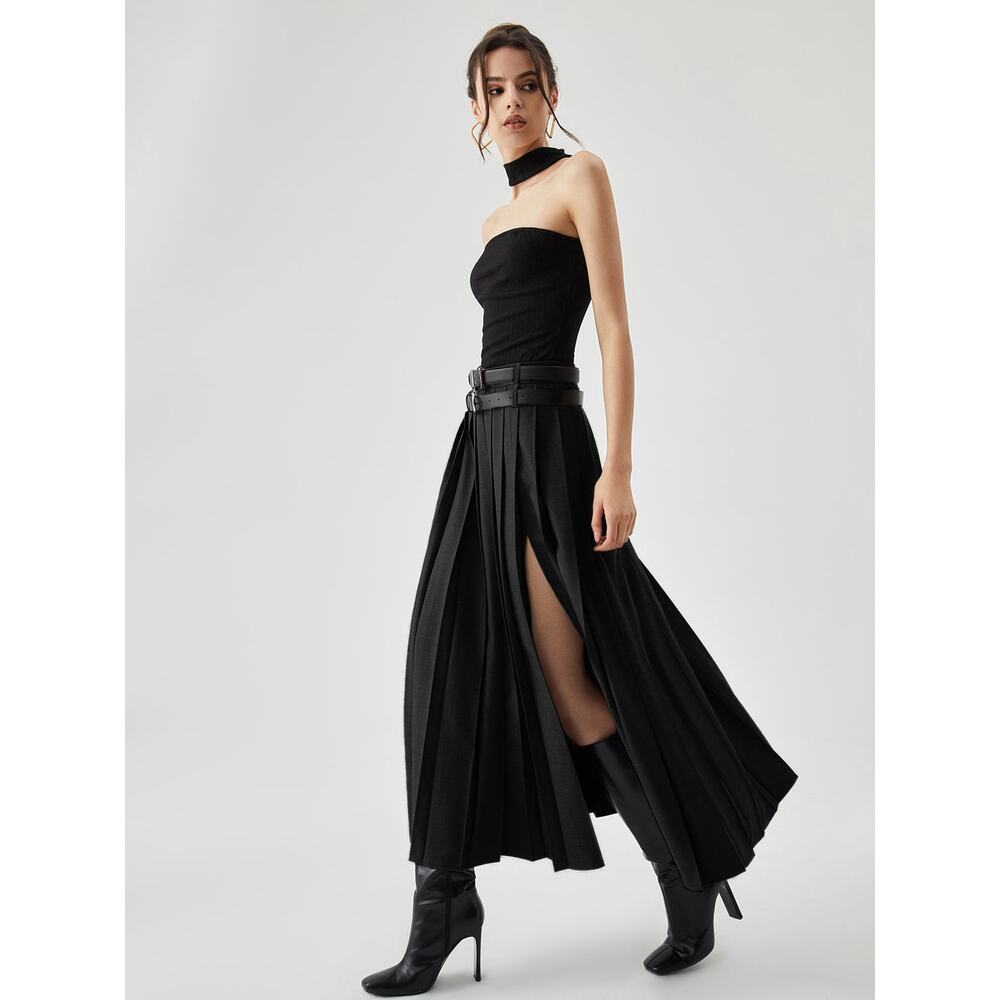 Commense Black Pleated Midi Skirt with Side Slit